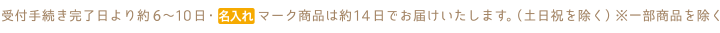 受付手続き完了日より約6〜10日・名入れマーク商品は約14日でお届けいたします。（土日祝を除く） ※一部商品を除く